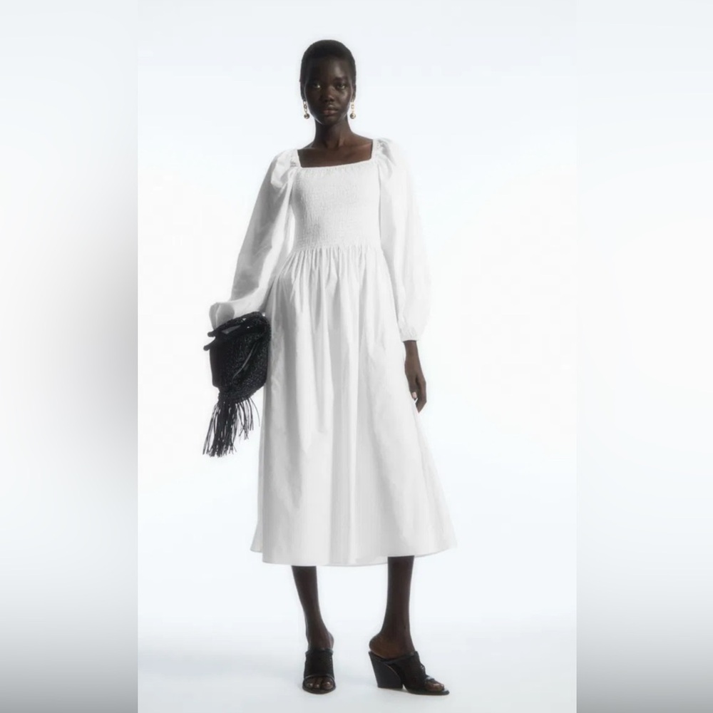 COS Off-the-Shoulder Smocked White Midi Dress